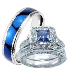 His Hers Wedding Ring Set Sapphire Blue Cz Sterling Silver  Stainless