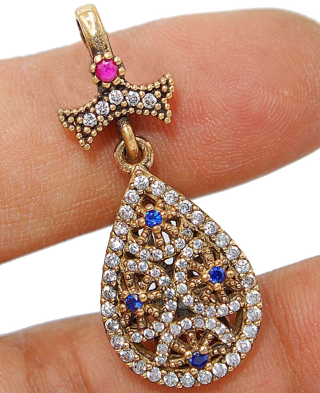 Ottoman Empire Inspired 1CT Blue Sapphire 925 Sterling Silver Pendant