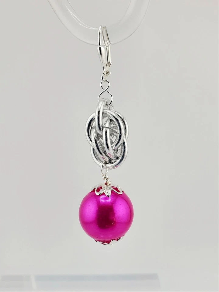 Fuchsia color acrylic pearl, anodized aluminum, dangle earrings, silver plated - Image 2 of 3