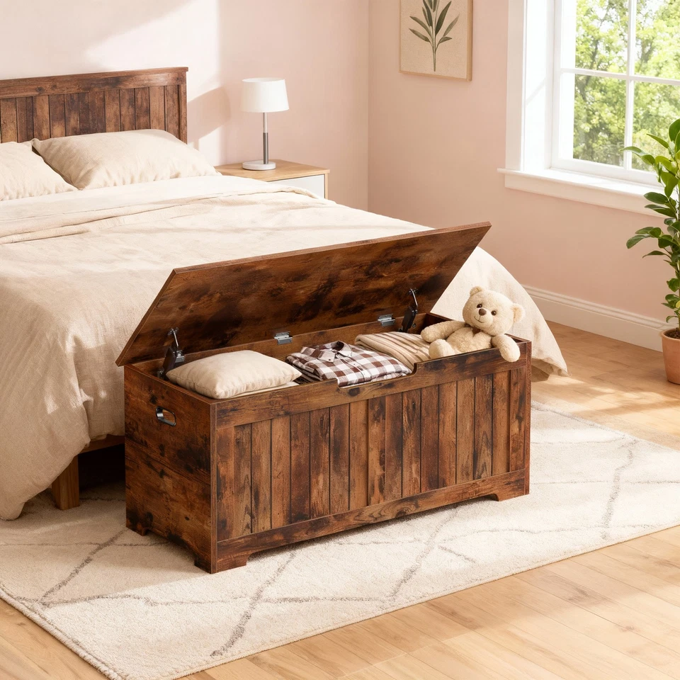 Caja de juguetes de banco de madera de 39" con tapa abatible y 2 bisagras de seguridad marrón Foto 3 de 4