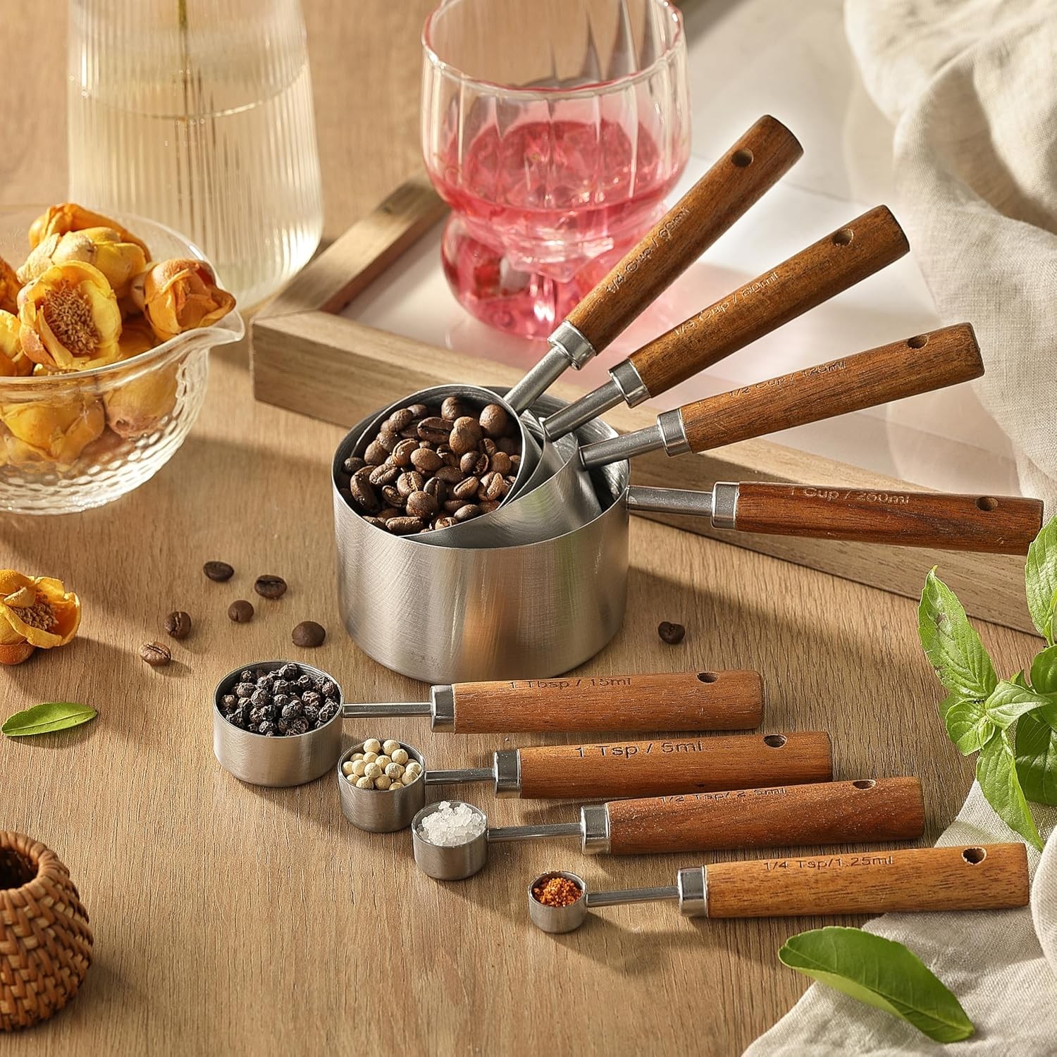 8PCS Stainless Steel Measuring Cups & Spoons Set w/ Wooden Handle Cooking Baking