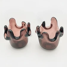 Pair Fire And Light Recycled Glass Plum Splash Votive Candle Holders Signed