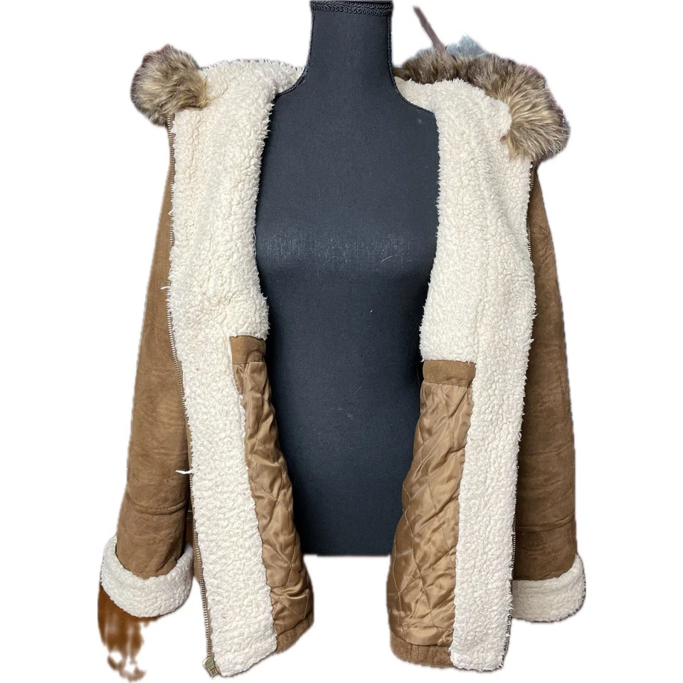 Chaqueta con capucha forrada de piel de gamuza sintética Big Chill XL abrigo de invierno marrón Foto 3 de 4