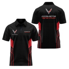 Custom Name - Men's Corvvette C8 Logo Racing Black Red 3D Polo Shirt S-5XL
