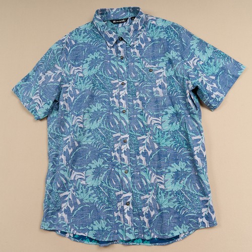Travis Mathew Hawaiian Shirt Mens XXL Blue Floral Cotton Button Up Short Sleeve