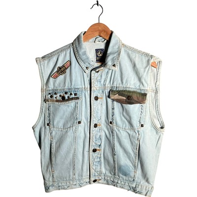 World Basic Jeansweste Herren Gr. XL blau distressed USA Eagle Air Force Patch