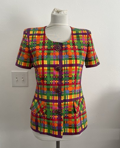 David Warren Vintage Women Suit Jacket 6 Colorful Plaid Short Sleeves 60s 70s