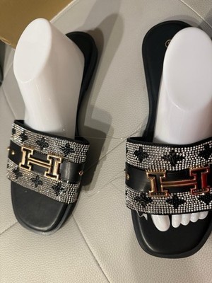 Women's Black Silver Slide Sandals with Rhinestone Accent Slip-On Flat