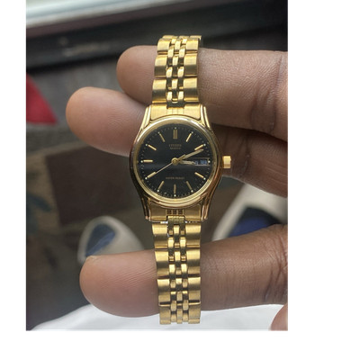 Citizen Quartz Gold Tone Stainless Bracelet Wristwatch Black Dial Date 25mm