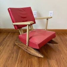 Vintage Children's KID SIZE Retro Red Vinyl wooden Rocking Lounge chair