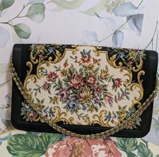 Ladies Vintage Victorian Black Multicolor Floral Tapestry Handbag Purse