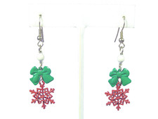 Christmas Pierced Earrings Red Snowflakes Green Bows Enamel Silver Dangle Wire