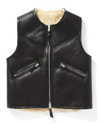 Men's Black Leather Vest - Shearling Fur Collarless Real Sheep Skin Waistcoat