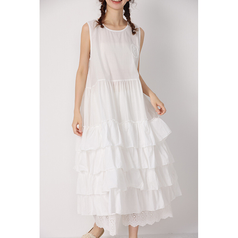 Lady Embroidery Midi Layered Tank Dress Cotton Tiered Sleeveless Loose  Casual | eBay