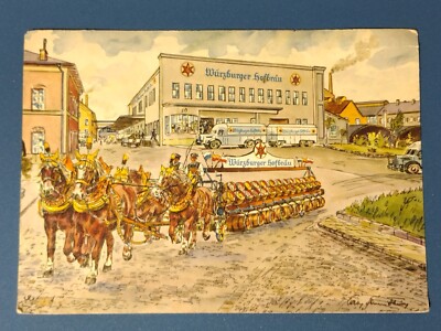 Postcard Wurzburger Hofbrau Brewery Wurzburg Germany Artist Rendition Beer Kegs