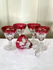SET  5 BLEIKRISTALL HANDGESCHLIFFEN CRYSTAL RUBY RED COLOR FOOTED CORDIAL GLASS