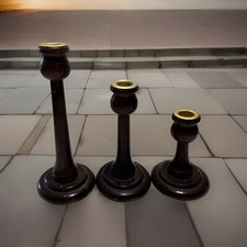 3 Pc Vintage MCM Wooden Pedestal Candlestick Holders