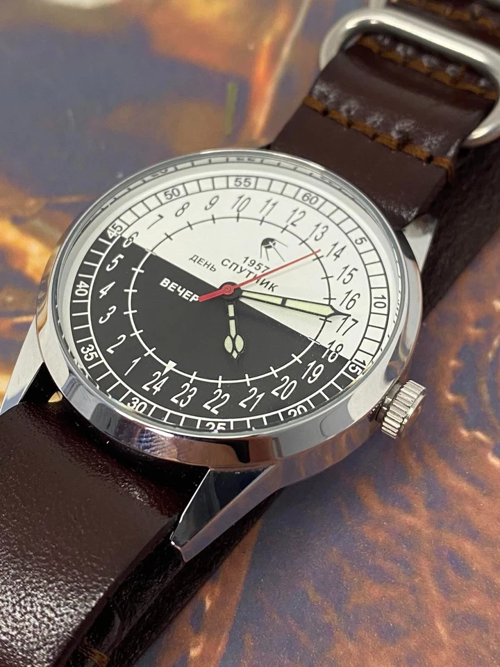 New! Raketa Watch 24h Mechanical Sputnik Russian Day Night Mens Soviet Rare USSR - Image 2 of 4