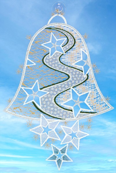 Plauener Spitze Fensterbild Weihnachten Fensterdekoration Glocke Stern Silber 29-image