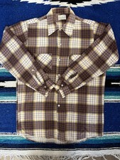 Vintage Donlin Shirt Mens Large Brown Plaid Short Sleeve Cotton Made in USA 70s