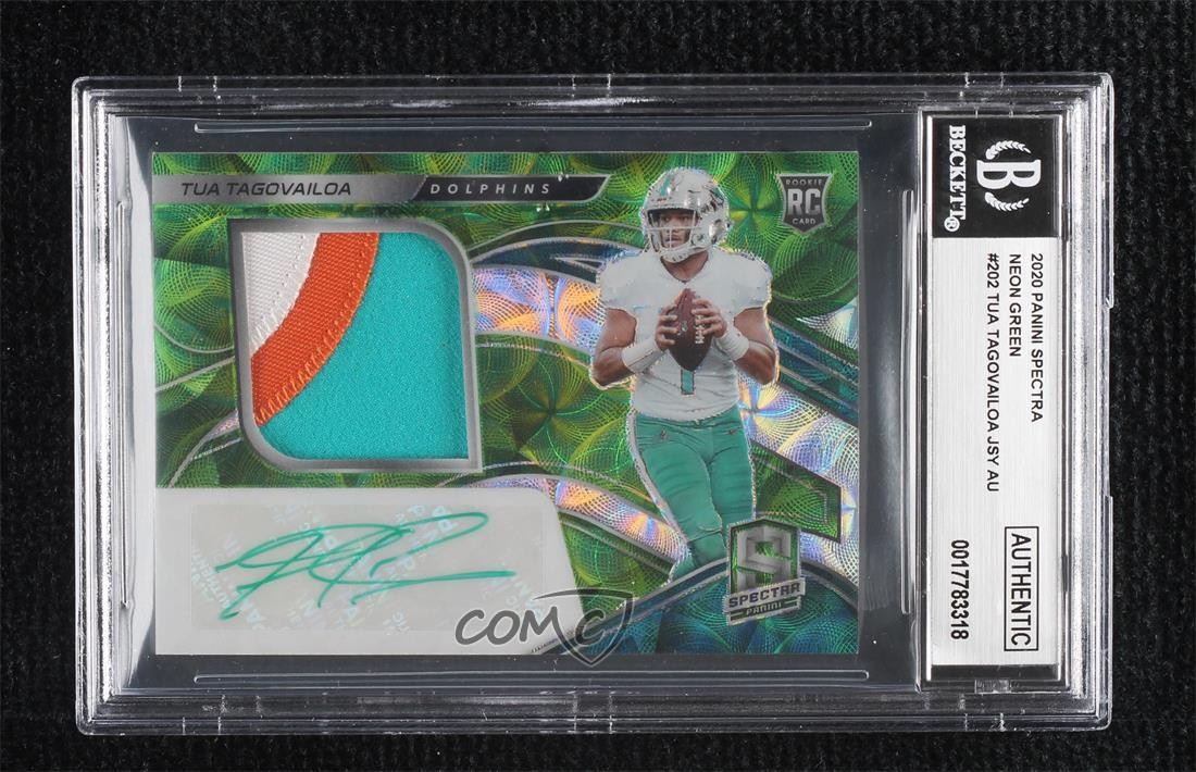 2020 Panini Spectra Neon Green Prizm /50 Tua Tagovailoa RPA Rookie Patch Auto RC