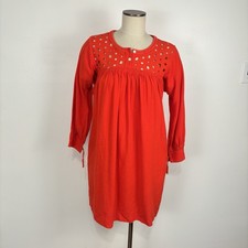Madewell Womens S Daybreak Red Linen Viscose Dress Eyelet Yoke Wrist Ties