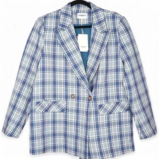 FRNCH Plaid Blazer Oversized Double Breasted Pockets Blue XS