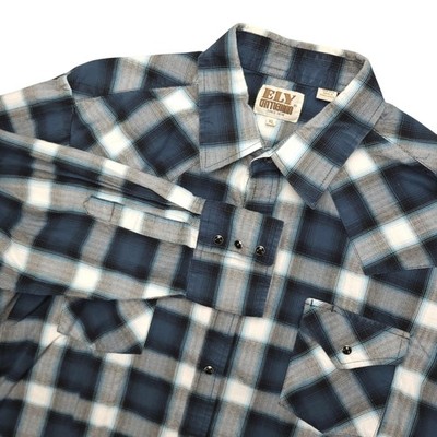 Ely Cattleman Shirt Mens XL Blue Plaid Western Pearl Snap Long Sleeve Cowboy