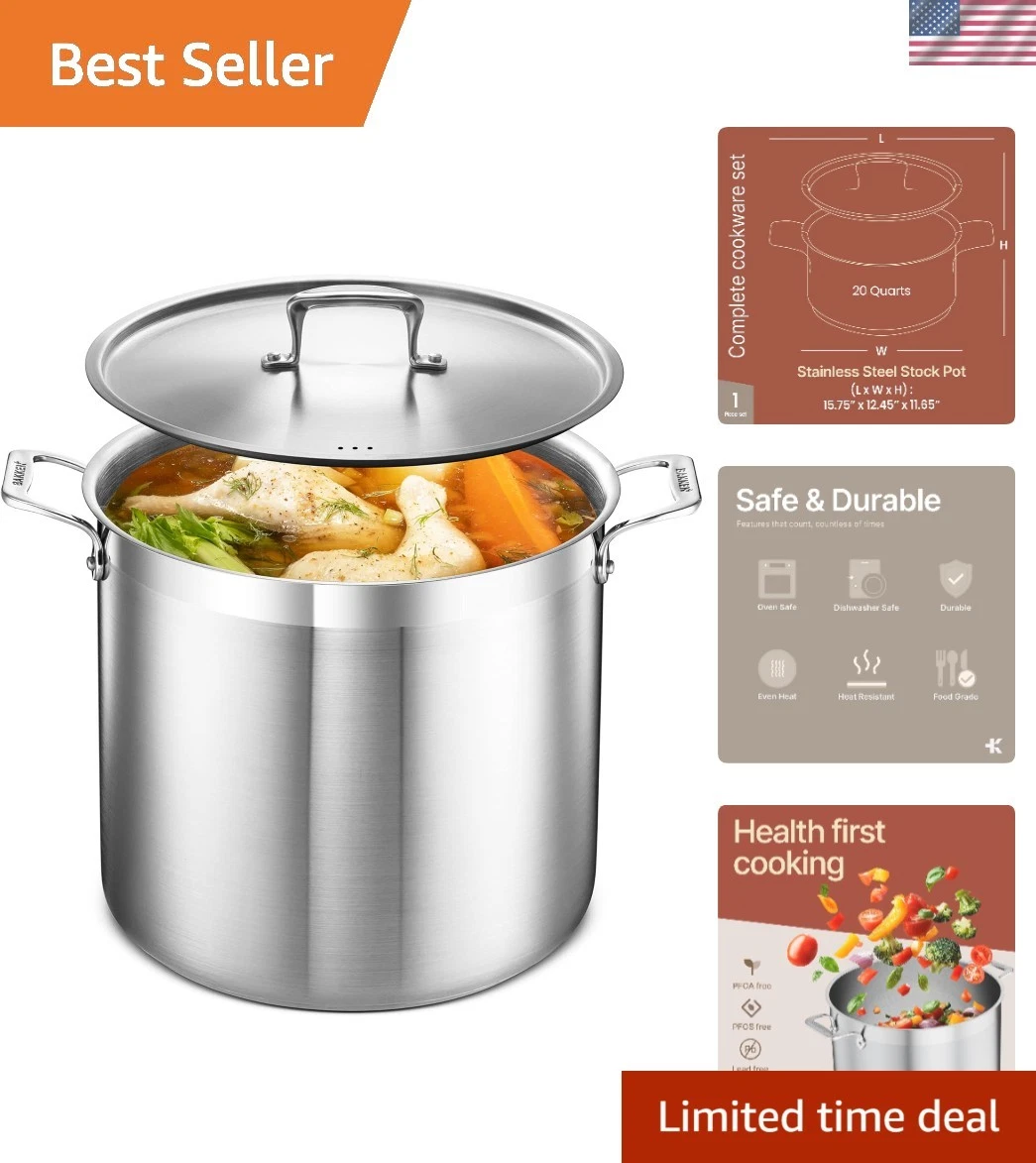 Compact Yet Spacious 20 Quart Stockpot - Polished Stainless Steel for Easy Care