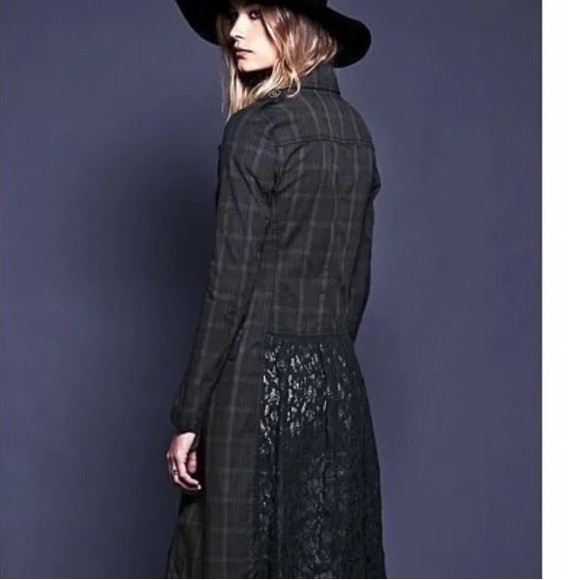Free People Plaid Stripe Windowpane Lace Crochet Lapel Duster