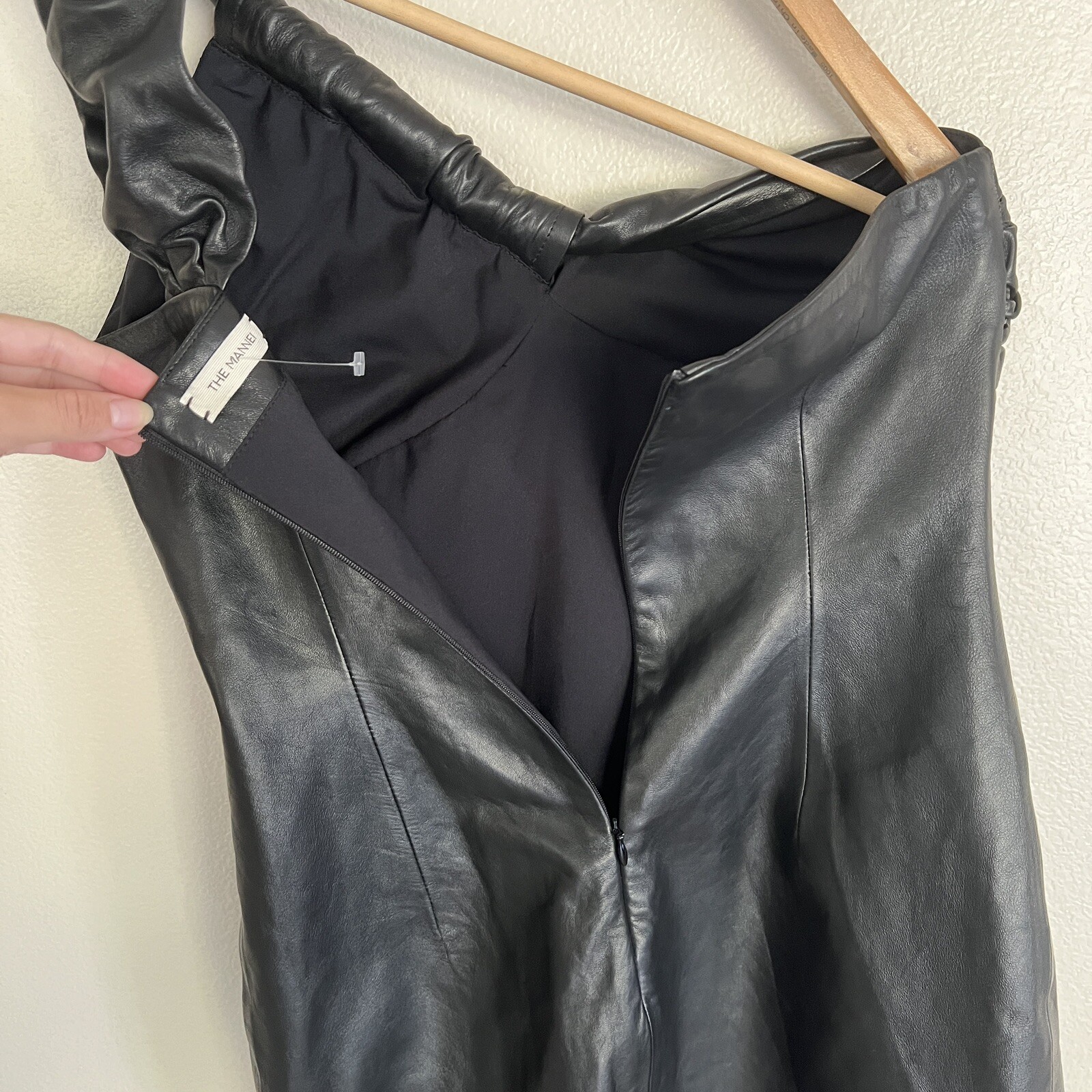 THE MANNEI Perth Leather One Shoulder Ruched Asymmetric Black Mini Dress Sz 40/M thumbnail 8