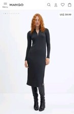 Mango Zipped Neckline Ribbed Polo Midi Dress "Indira" US 4, S Dark Gray NWOT 