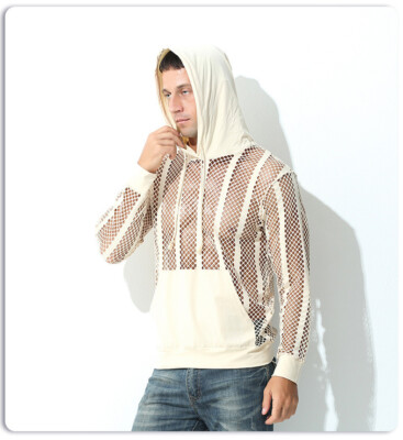 Men's See-through Mesh Long Sleeve Hollow Out Top Sexy Handsome Hooded Shirts XL