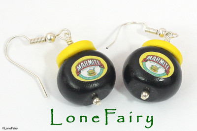 Miniature Silver Plated Marmite Jar Dangly Earrings kitsch Nutella Bovril Food 