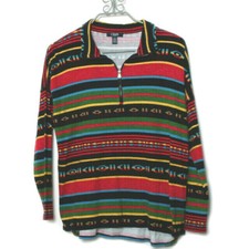 Chaps Women Black Red GreenLong Sleeve Aztec Cotton Quarter Zip HiLow Pullover L