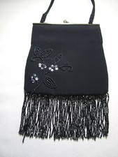 Vintage La Regale Ltd Black Frame Beaded and Sequin Fringed Handbag Kiss Lock