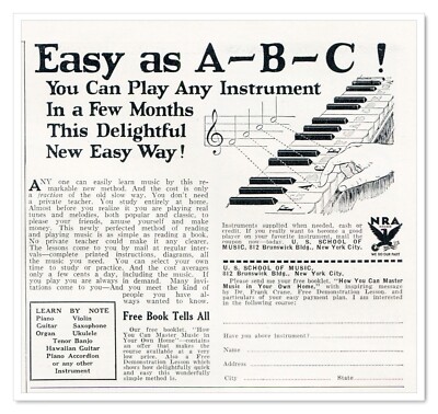 Print Ad US School of Music Easy as A-B-C 1933 1/3-Page Advertisement