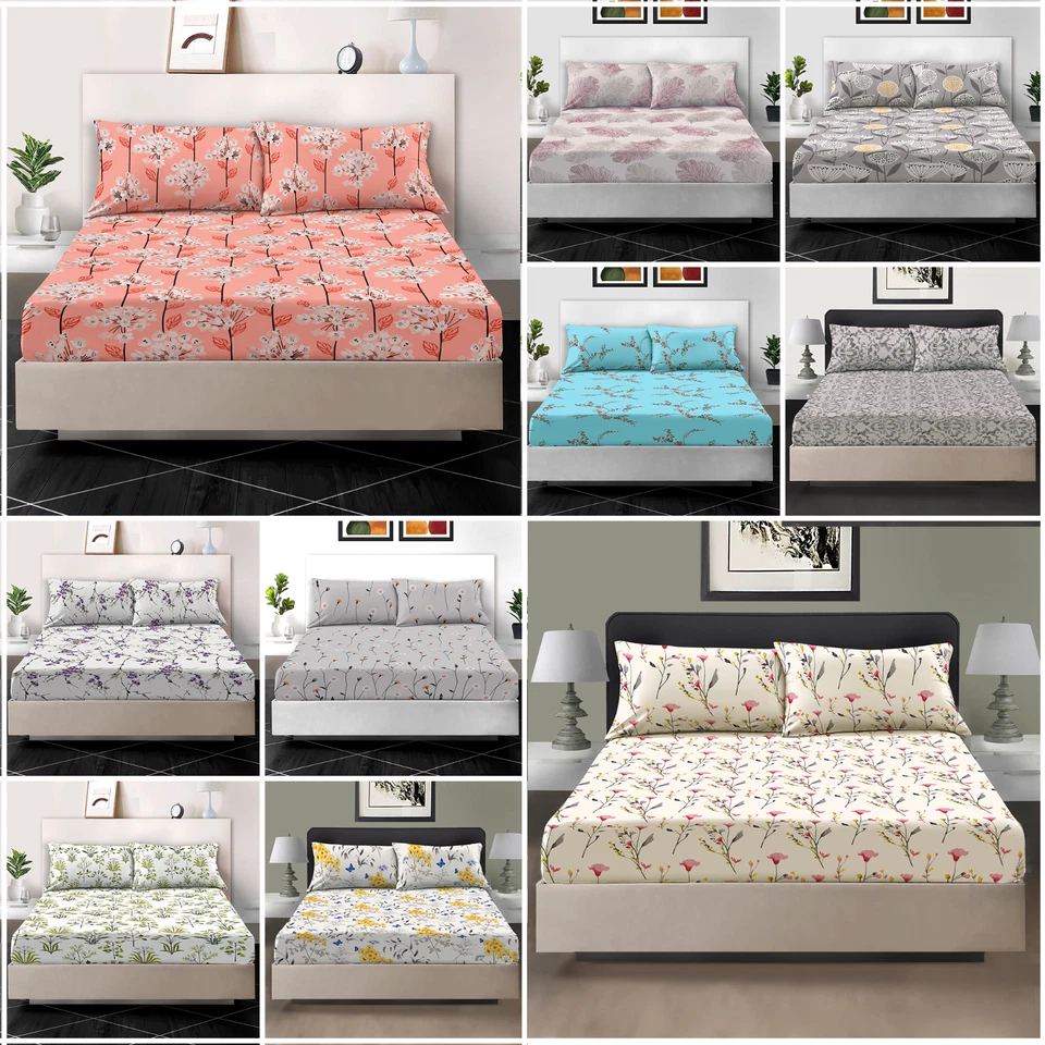 3PCS 100% Egyptian Cotton Printed Fitted Sheet SET & Reversible Bed Pillowcase