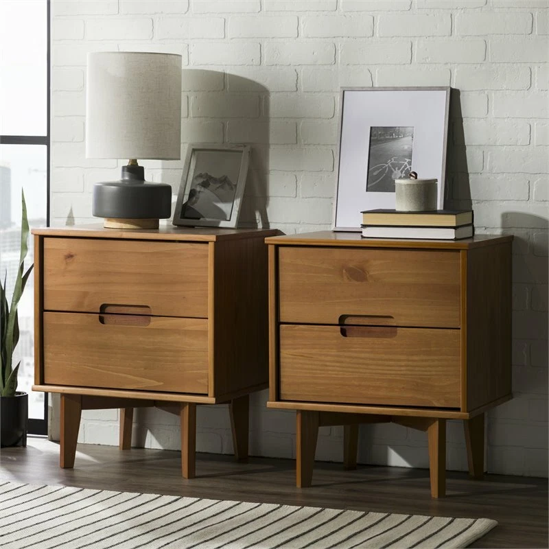 Walker Edison Sloane 2 Drawer Solid Wood Nightstands in Caramel Set of 2