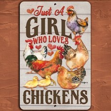 Just a Girl Who Loves Chickens sign hens metal art rooster decor coop outdoor