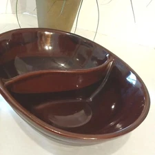 MarCrest Ovenproof Stoneware Divided Glaze Brown Oval Bowl 10"x8" USA MCM VTG