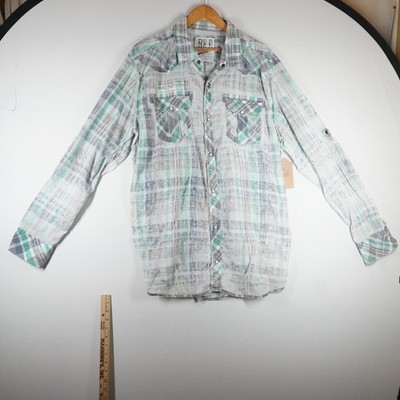 BKE Western Shirt Mens 2XL Grey Green Plaid Snap Down Vintage Distressed Cowboy