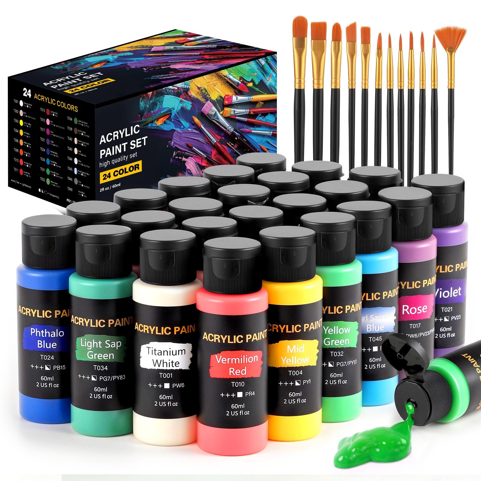 Acrylic Paint Set, 24 Colors (2 oz/Bottle) with 12 Art Brushes, Art Supplies for