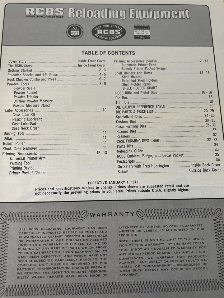 1971 RCBS PRECISIONEERED RELOADING EQUIPMENT CATALOG, RELOADING PRESSES, DIES - Image 2 of 2