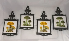 Set Of 4 VTG CHERRY Mushroom 1970s Tile Trivets Japan Cast Iron MCM Merry Decor