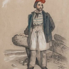 Männerporträt Fischer Tracht Neapel Napoli koloriert Bleistift Zeichnung 1844
