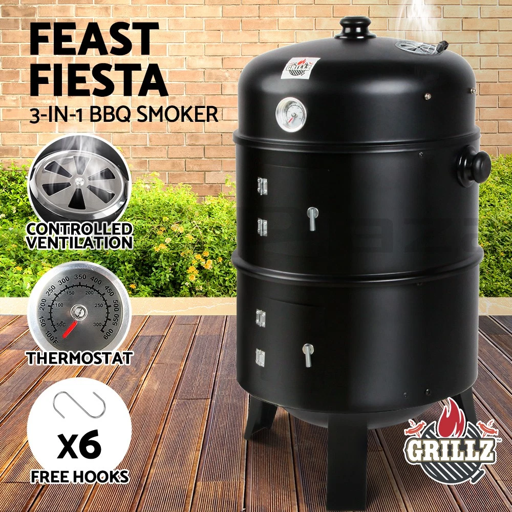 Grillz 3in1 Charcoal BBQ Grill Smoker Portable Outdoor Roaster Steel Camping