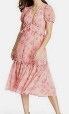 LOVESHACKFANCY Women's Size 20W Pink Floral Fleur V-Neck Midi Dress Ruffle
