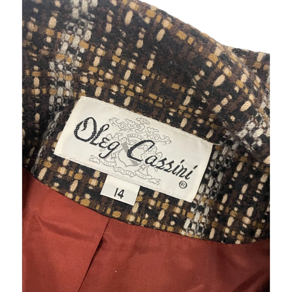 Vinatge Oleg Cassini Mujer Blazer Traje Abrigo Guisante Talla 14 Marrón Lana a Cuadros Nuevo con Etiquetas Foto 3 de 4