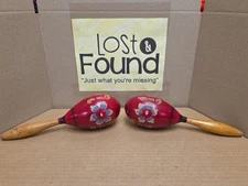 Vintage Maracas Hand Painted And Carved Red Floral Instrument Percussion Wooden